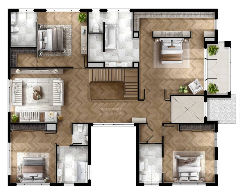 2D color floor plan of a house with four bedrooms