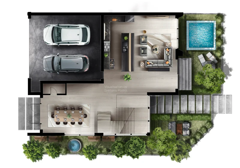 Rendered architectural floor plan of a house with a garage, a garden and a pool