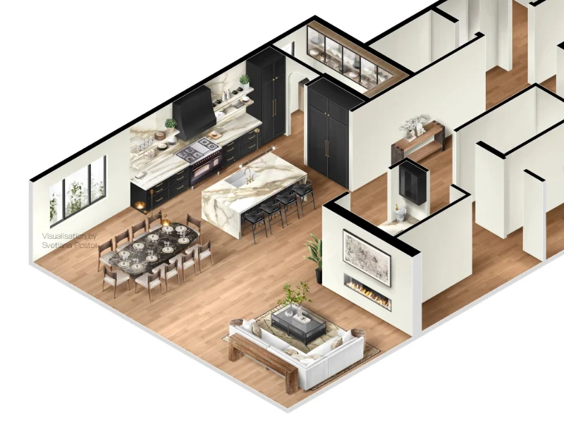 Axonometric view of an open kitchen, dining and living area
