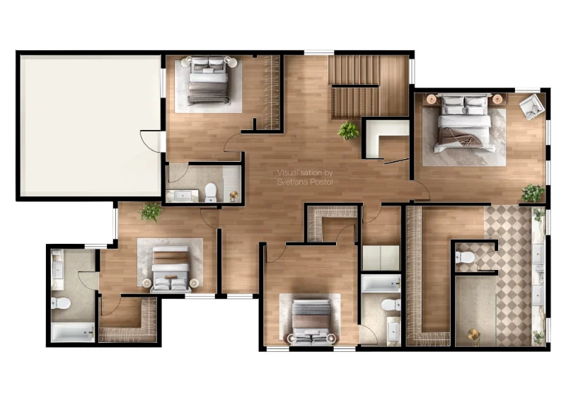 2D color floor plan of the upper floor with bedrooms
