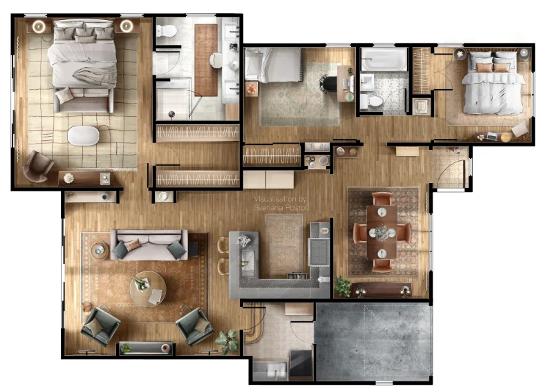 2D color floor plan of a single-story house with a great room