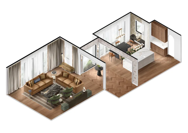 Axonometric view of a living room and dining area