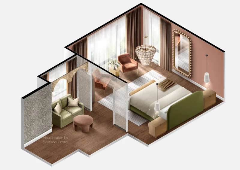 Axonometric view of a bedroom suite with a sitting area
