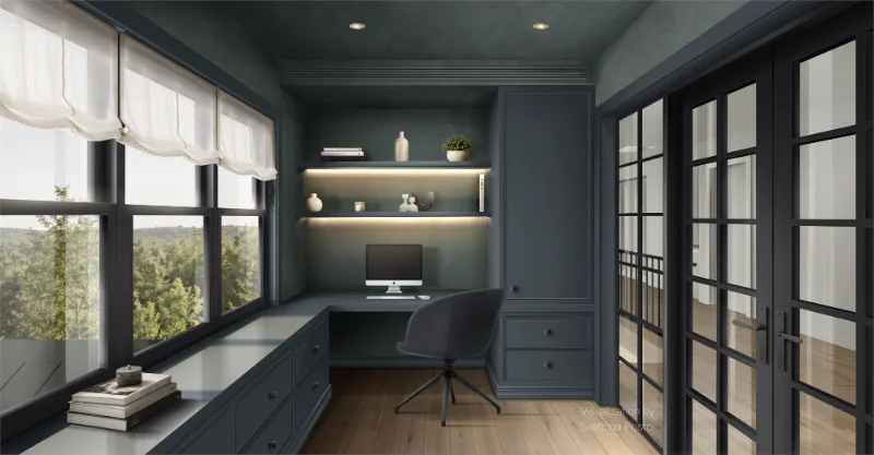 Home office with dark green cabinetry and a window seat