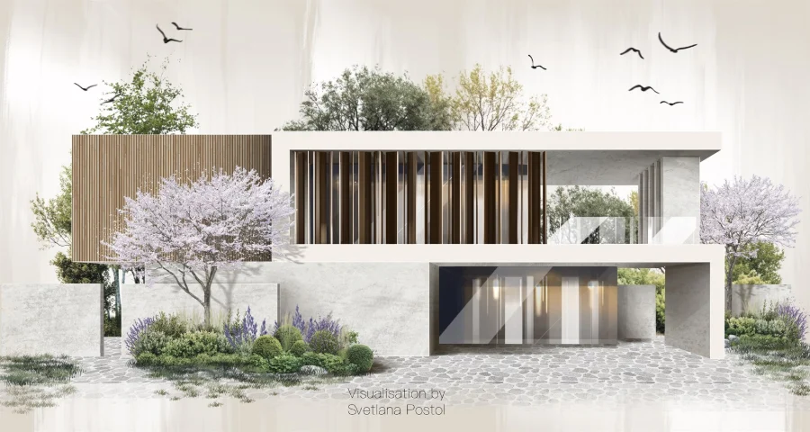 Facade elevation of a modern house with planting