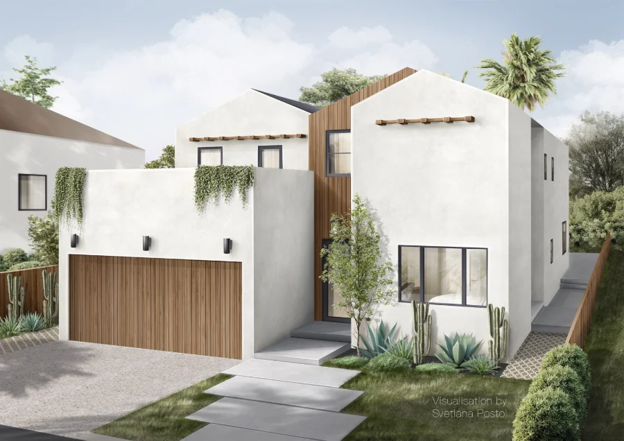 Exterior rendering of a white stucco house with a wooden garage door