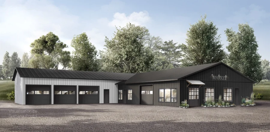 Exterior rendering of a dark barn-style house with garages
