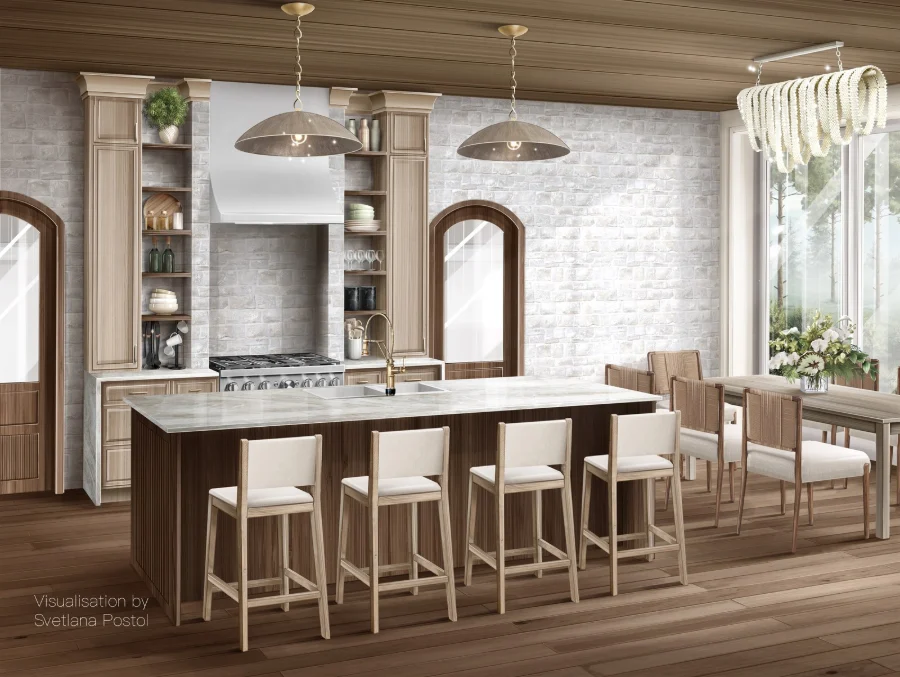 Interior rendering of a kitchen with an island, arched windows and pendant lights