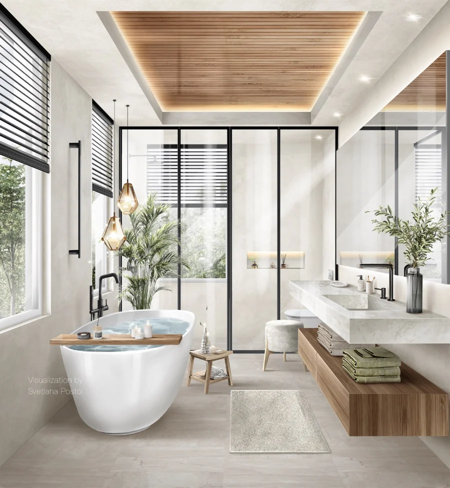 Interior rendering of a bathroom with a freestanding tub and a glass shower